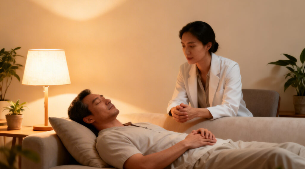 Séance d’hypnothérapie accompagnant un homme allongé sur un canapé pour faciliter un changement de vie et une transition personnelle réussie