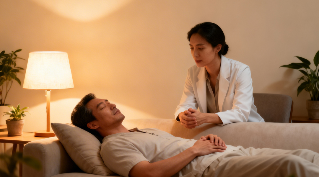 Séance d’hypnothérapie accompagnant un homme allongé sur un canapé pour faciliter un changement de vie et une transition personnelle réussie